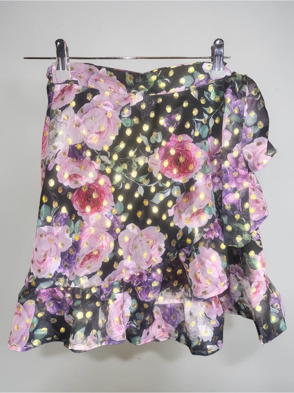 Smak Parlour Floral Ruffle Wrap Around MiniSkirt with Gold Dots .Size XS/2